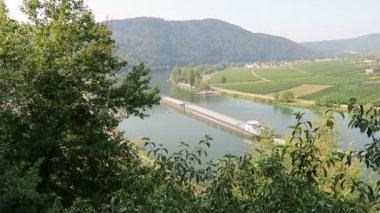 Almanya 'daki Moselle Nehri' nde bir sanayi gemisi. Üzüm bağları.