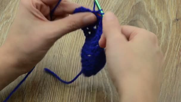 Crocheting Blue Wool Crichet Hook — Stock Video