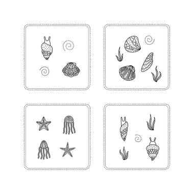 El çizimi - yumuşakça, ahtapot, deniz yıldızı. 