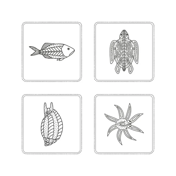 Poisson, tortue, mollusque, poulpe — Image vectorielle