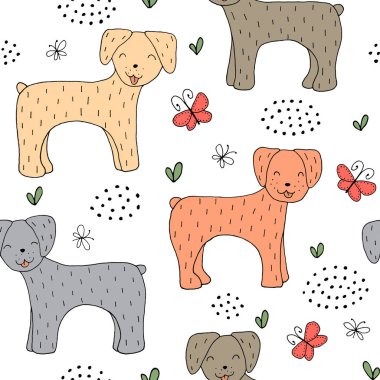 Komik köpekleri ve el yapımı elementleri olan pürüzsüz bir doku.. 