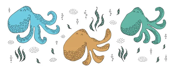 Tekenen - grappige octopussen en handgetekende elementen. — Stockvector