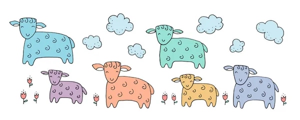 O desenho - ovelhas engraçadas, cordeiros e elementos desenhados à mão . — Vetor de Stock