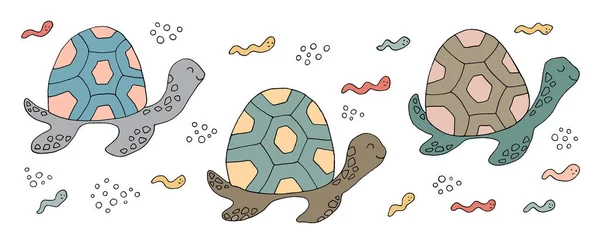 Zeichnung - lustige Meeresschildkröte und handgezeichnete Elemente. — Stockvektor