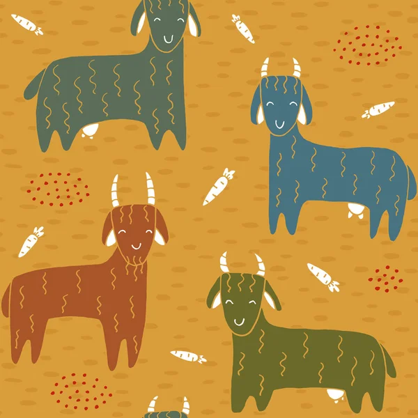 Textura perfecta con cabras divertidas y elementos dibujados a mano . — Archivo Imágenes Vectoriales