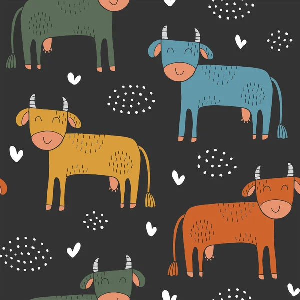 Texture sans couture avec vaches drôles et éléments dessinés à la main . — Image vectorielle