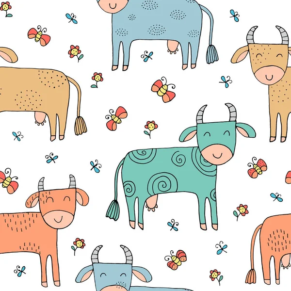 Textura sem costura com vacas engraçadas e elementos desenhados à mão . — Vetor de Stock