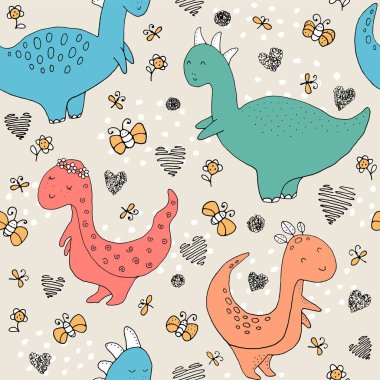 Komik dinozorlar ve el yapımı elementlerle kusursuz doku..