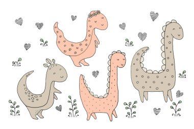 Çizimler, komik dinozorlar ve el yapımı elementler..