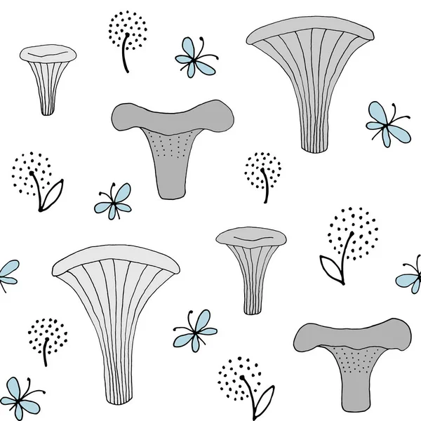 Texture sans couture avec champignons forestiers et éléments dessinés à la main — Image vectorielle