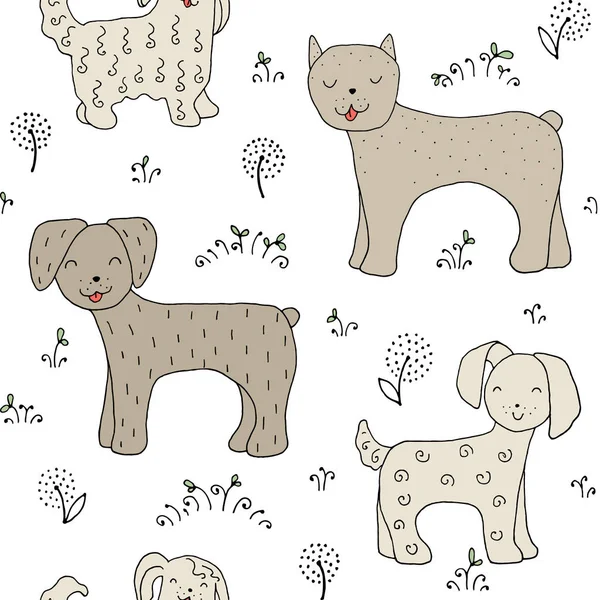 Seamless texture with funny dogs and hand drawn elements. — Stock Vector