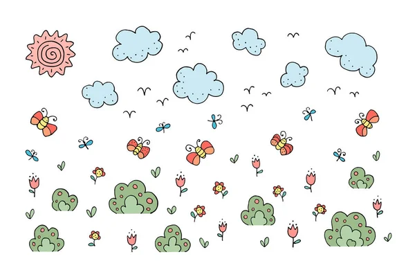 Le dessin - prairie de fleurs avec des papillons et elem dessiné à la main — Image vectorielle