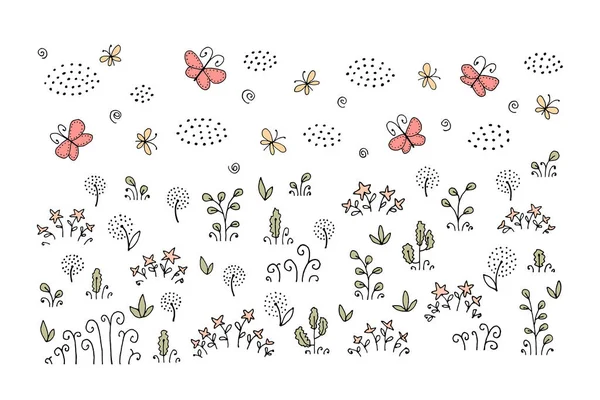 El dibujo - prado de flores con mariposas y elem dibujado a mano — Vector de stock