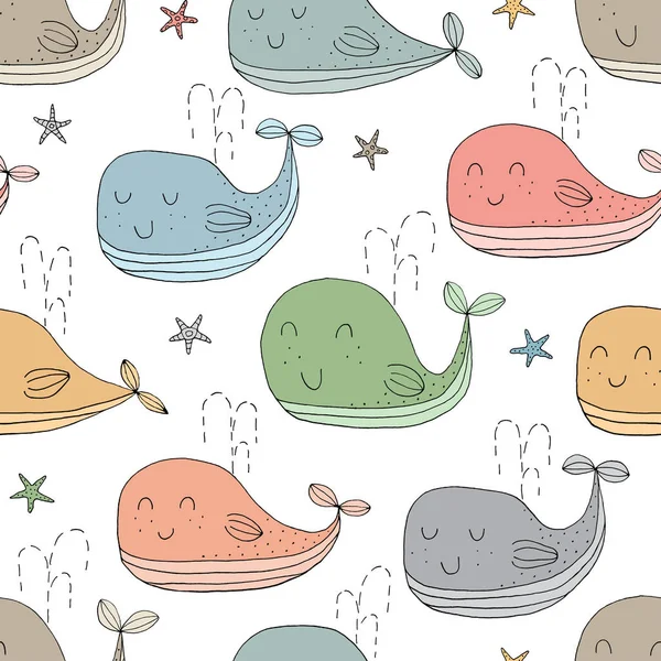 Texture sans couture avec baleines, poissons — Image vectorielle