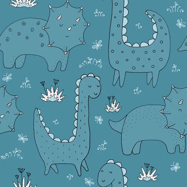 Nahtlose Textur mit lustigen Dinosauriern und handgezeichneten Elementen. — Stockvektor