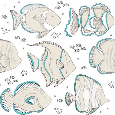 Balık ve el çizimi elementlerle kusursuz bir doku..