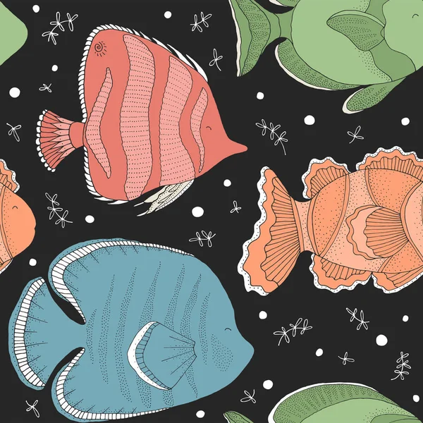 Texture sans couture avec poissons et éléments dessinés à la main . — Image vectorielle