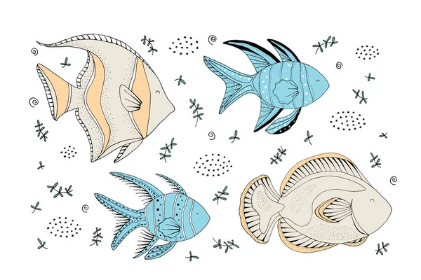 Disegno - pesci divertenti ed elementi disegnati a mano — Vettoriale Stock