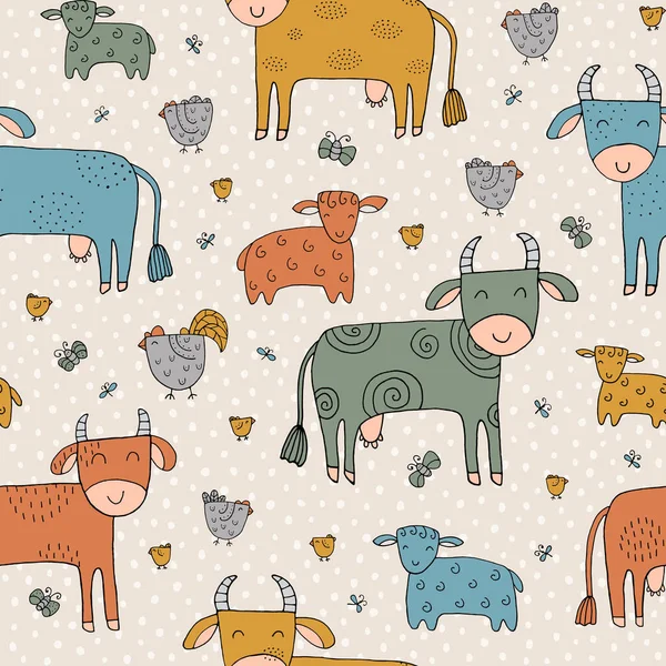 Textura perfecta con vacas divertidas, ovejas, pollos y dibujado a mano — Archivo Imágenes Vectoriales