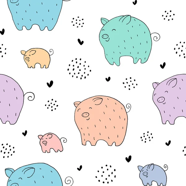 面白い豚や手描きの要素とシームレスなテクスチャ. — ストックベクタ