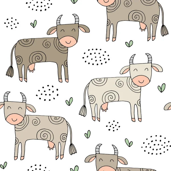 Texture sans couture avec vaches drôles et éléments dessinés à la main . — Image vectorielle