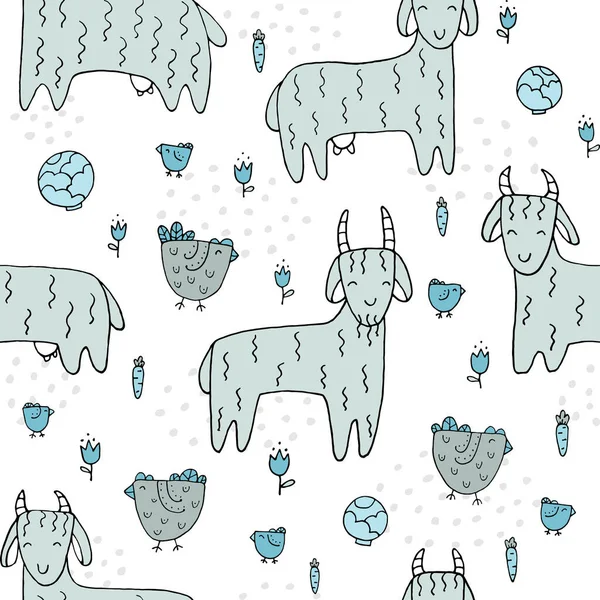 Seamless texture with funny goats and hand drawn elements. — Stock Vector