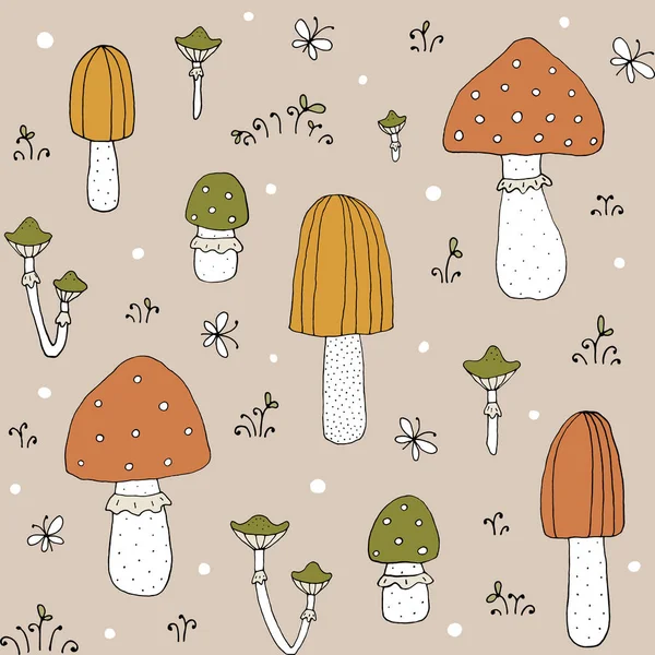 Textura sem costura com cogumelos florestais e elementos desenhados à mão — Vetor de Stock