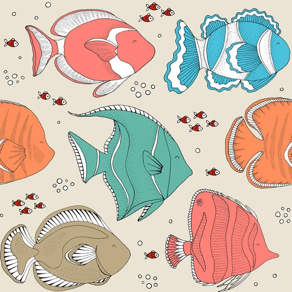 Nahtlose Textur mit Fischen und handgezeichneten Elementen. — Stockvektor