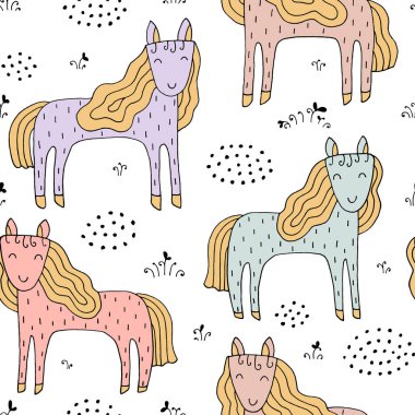 Komik atlar ve el yapımı elementlerle kusursuz bir doku. Çocuksu bir geçmişi var. Çiftlikteki hayvanlar. Eps10 vektör çizimi.