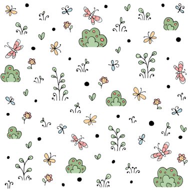 Çiçekli, pürüzsüz desenli, kelebekli, el yapımı elementler. Eps10 vektör çizimi.