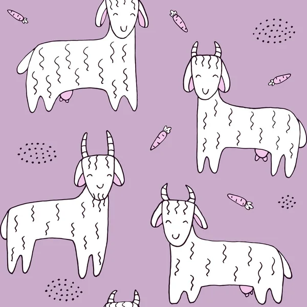 Seamless Texture Funny Goats Hand Drawn Elements Childish Background Animals — Stock Vector