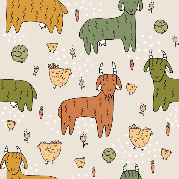 面白いヤギや手描きの要素とシームレスなテクスチャ 子供の背景 農場の動物 Eps10ベクトル線画 — ストックベクタ
