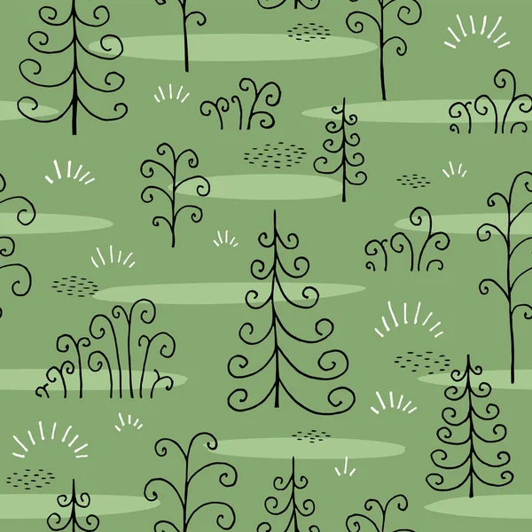 Nahtlose Textur Mit Bäumen Und Gras Zeichnung Mit Linienkunst Eps10 — Stockvektor