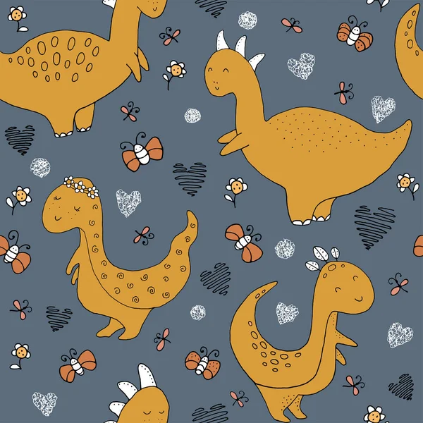 Nahtlose Textur Mit Lustigen Dinosauriern Und Handgezeichneten Elementen Kindlicher Hintergrund — Stockvektor