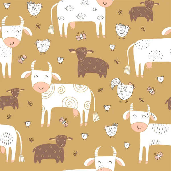 Textura Sem Costura Com Vacas Engraçadas Ovelhas Galinhas Elementos Desenhados — Vetor de Stock