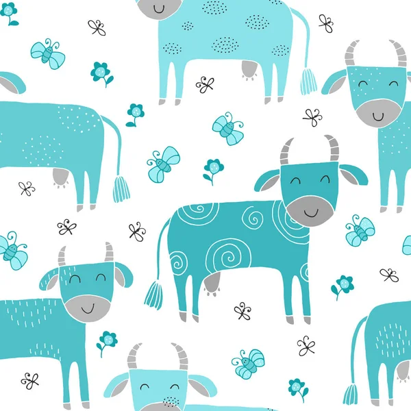 Textura Perfecta Con Vacas Divertidas Elementos Dibujados Mano Fondo Infantil — Archivo Imágenes Vectoriales