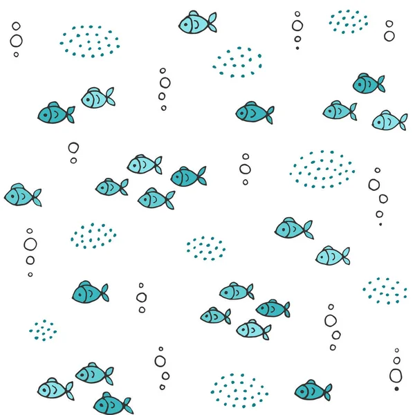 Texture Sans Couture Avec Poisson Éléments Dessinés Main Fond Marin — Image vectorielle