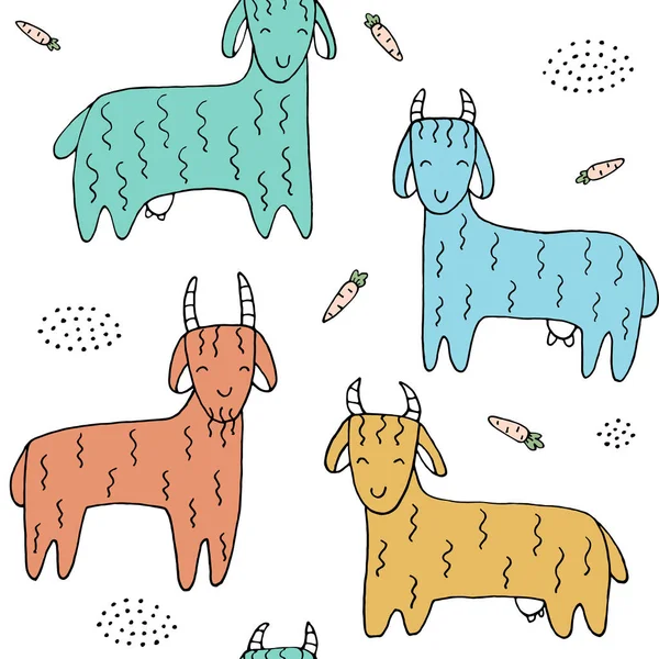 无缝隙质感与滑稽山羊和手绘元素 幼稚的背景 农场里的动物 第10集矢量线 艺术绘图 — 图库矢量图片