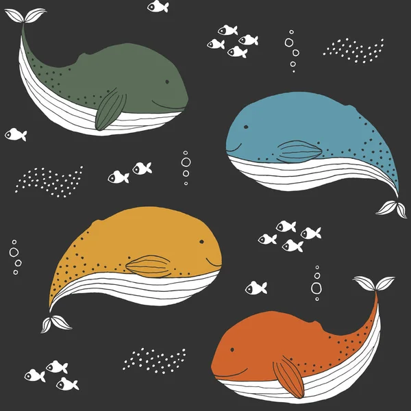 无缝隙质感与鲸鱼 鱼和手绘元素 幼稚的海底背景 以线条艺术作画 第10部分病媒 — 图库矢量图片