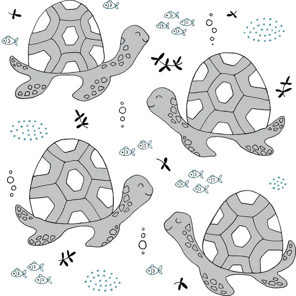 Texture Sans Couture Avec Tortue Mer Poisson Éléments Dessinés Main — Image vectorielle