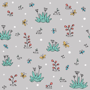 Çiçekli, pürüzsüz desenli, kelebekli, el yapımı elementler. Eps10 vektör çizimi.