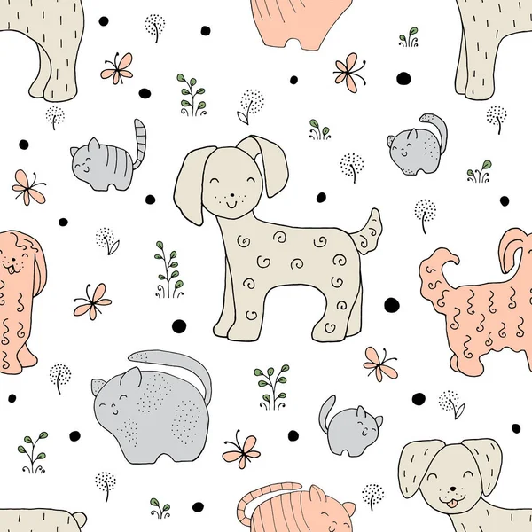 Textura Perfecta Con Perros Divertidos Elementos Dibujados Mano Fondo Infantil — Archivo Imágenes Vectoriales