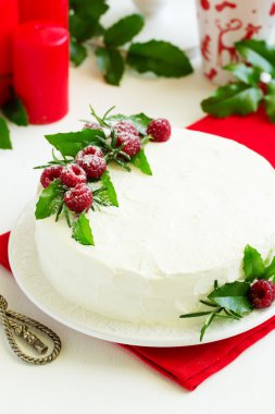 Yeni yıl veya Noel kek ahududu, seçici odak ile.