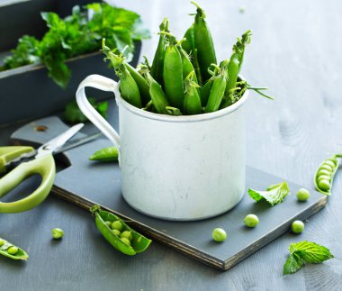 Yeşil bezelye ile gri bir arka plan üzerine bir fincan.