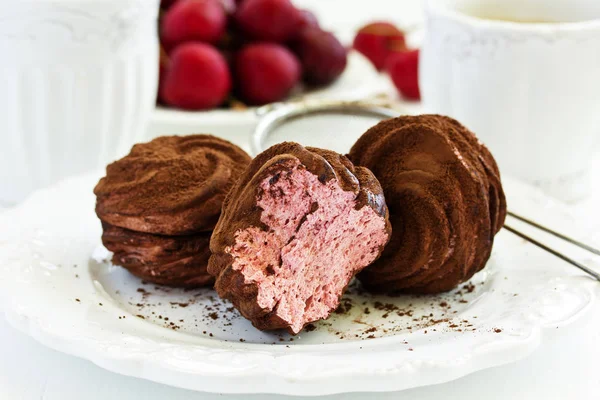 Homemade Marshmallows Cherries Chocolate — Stock Photo, Image