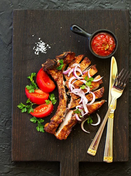 Costeleta Porco Osso Com Molho Tomate Vista Cima — Fotografia de Stock