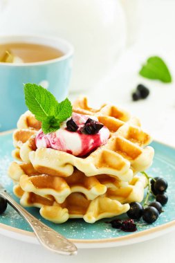 Frenk üzümlü ev yapımı waffle 'lar. Beyaz arkaplan.