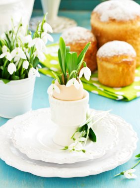 Bayram masasında paskalya yumurtası ve kardelen..