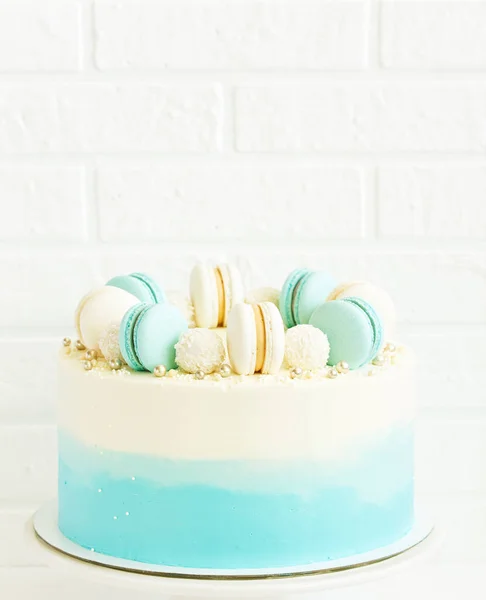 Gâteau Anniversaire Bleu Décoré Macarons — Photo