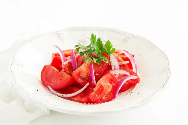 Salată Roşii Ceapă Focalizare Selectivă — Fotografie, imagine de stoc